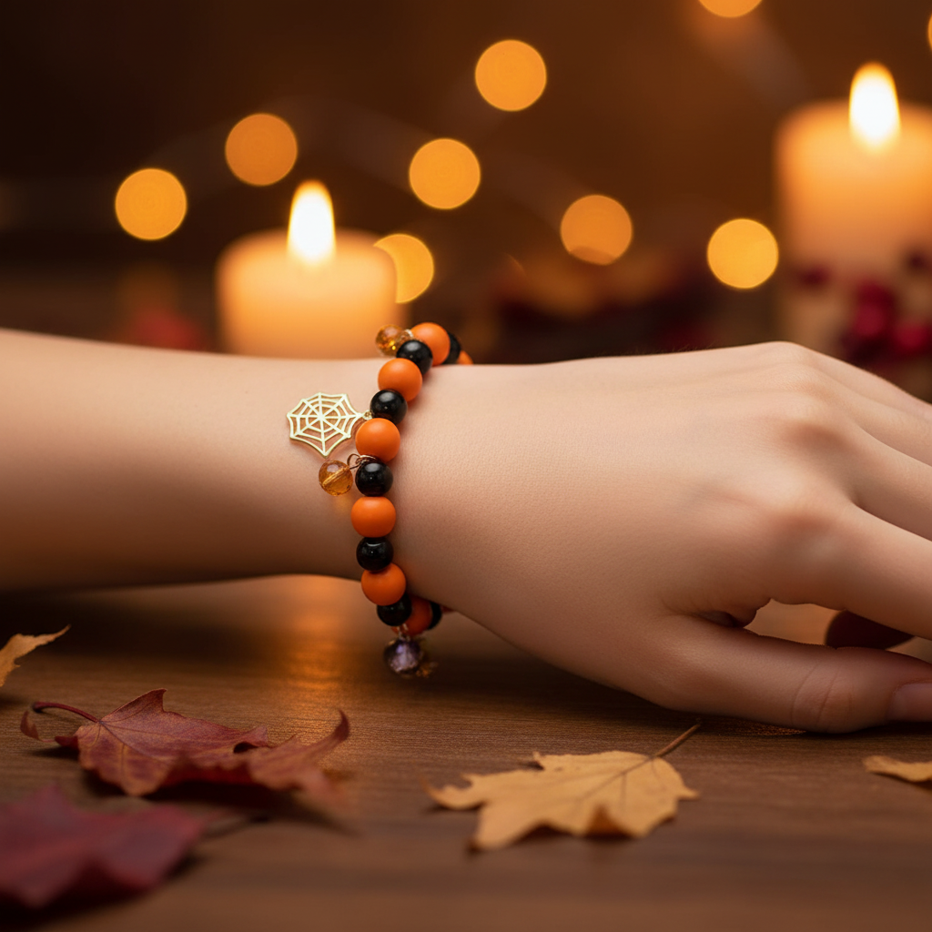 Spooky Halloween Charm Beaded Stretch Bracelet - Pumpkin, Spider & Web Charms (RHAL-0048)