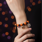 Halloween Beaded Charm Bracelet with Pumpkin, Bat & Skull Charms – Spooky Costume Jewelry Gift (RHAL-0062)