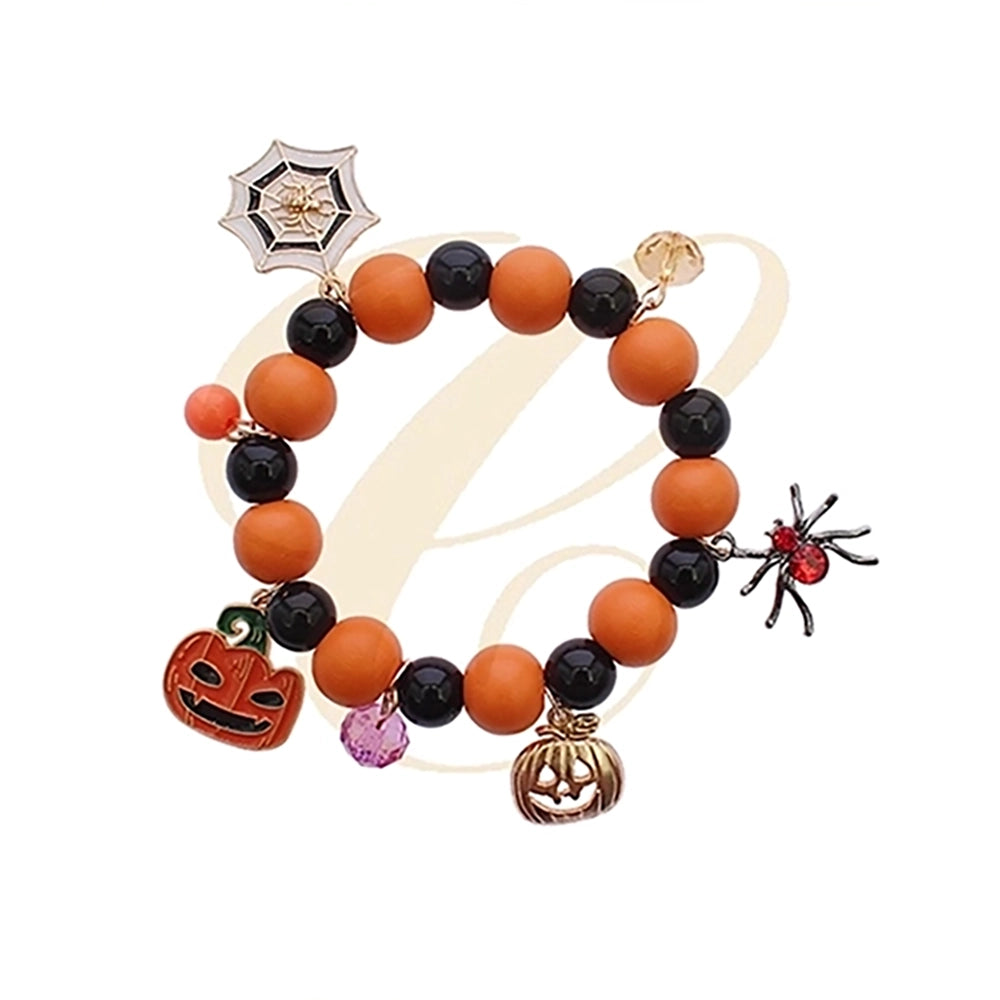 Halloween Beaded Charm Bracelet with Pumpkin, Bat & Skull Charms – Spooky Costume Jewelry Gift (RHAL-0062)