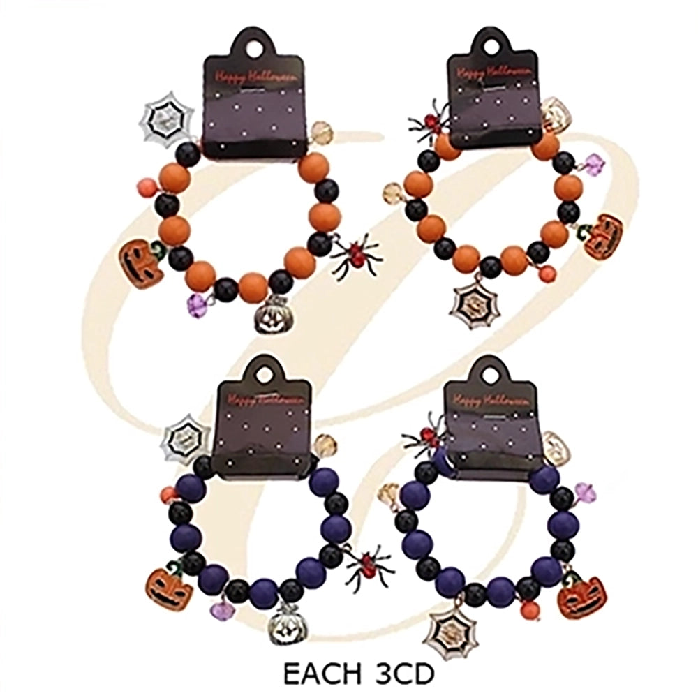 Halloween Beaded Charm Bracelet with Pumpkin, Bat & Skull Charms – Spooky Costume Jewelry Gift (RHAL-0062)