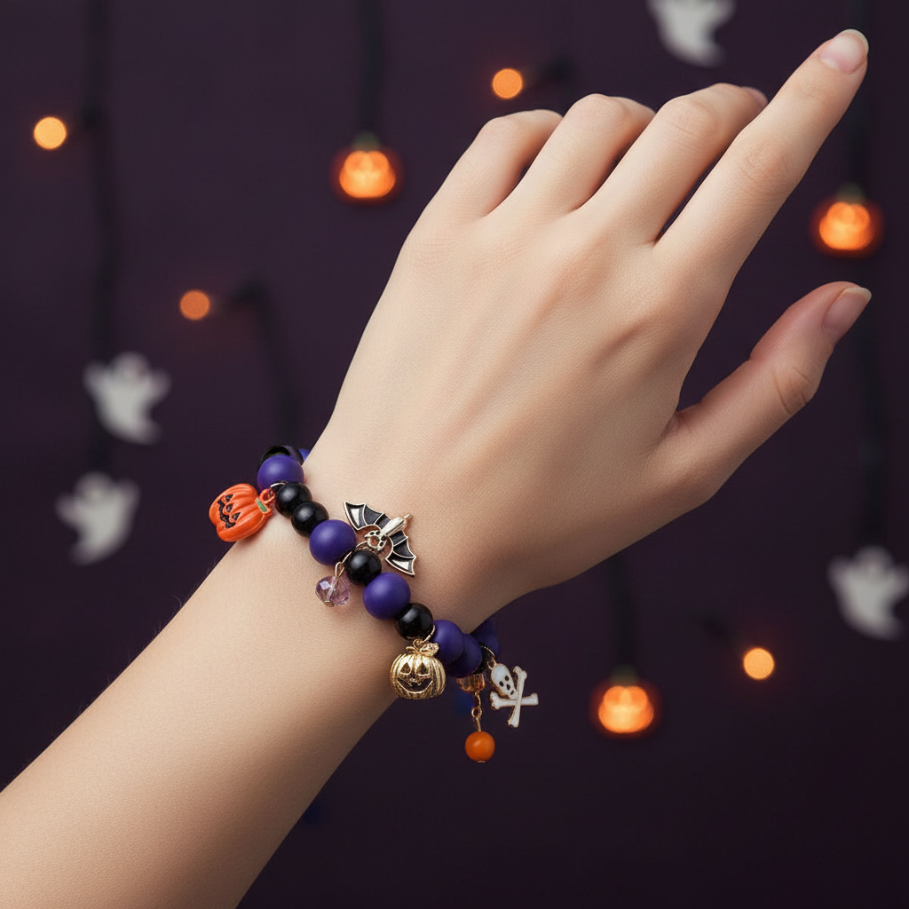 Spooky Halloween Charm Beaded Bracelet – Pumpkin, Bat & Skull Costume Jewelry (RHAL-0063)