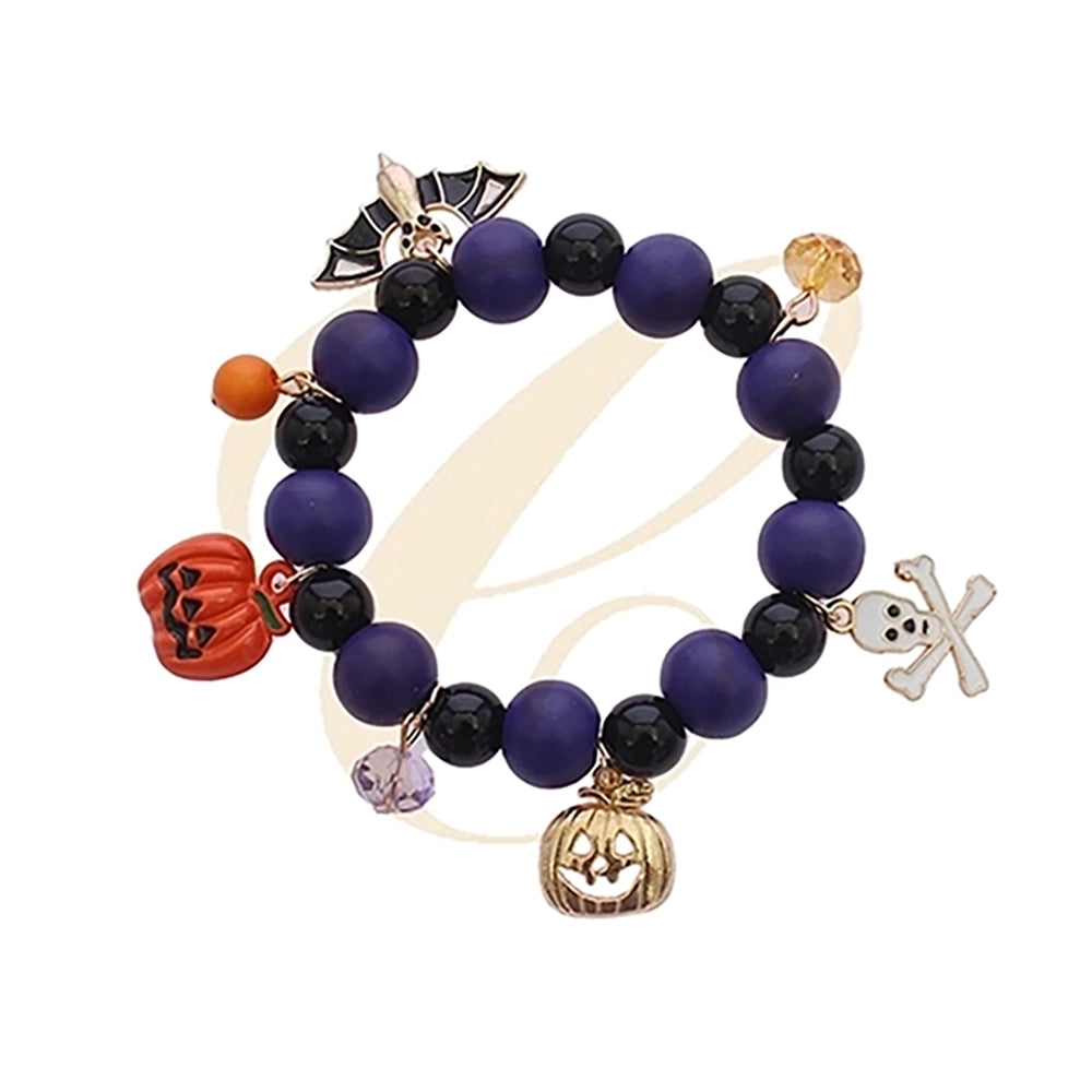 Spooky Halloween Charm Beaded Bracelet – Pumpkin, Bat & Skull Costume Jewelry (RHAL-0063)