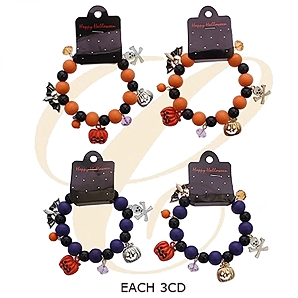 Spooky Halloween Charm Beaded Bracelet – Pumpkin, Bat & Skull Costume Jewelry (RHAL-0063)