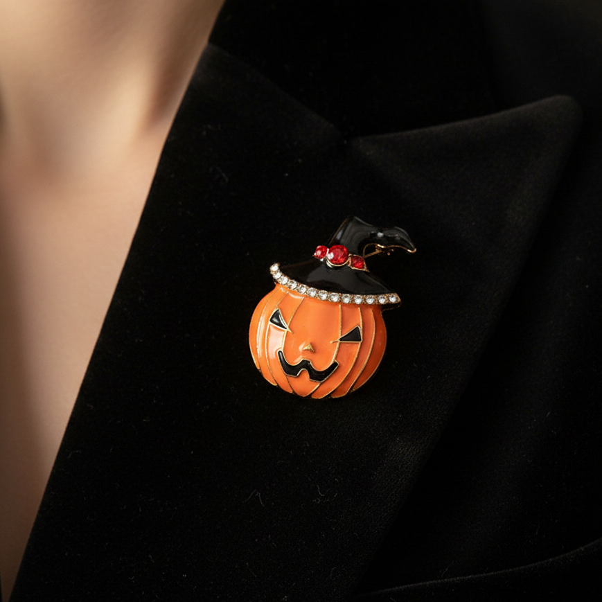 Halloween Pumpkin Witch Hat Brooch Pin – Sparkling Rhinestone Enamel Jack-o'-Lantern Badge (4 cm) (RHAL-0066)