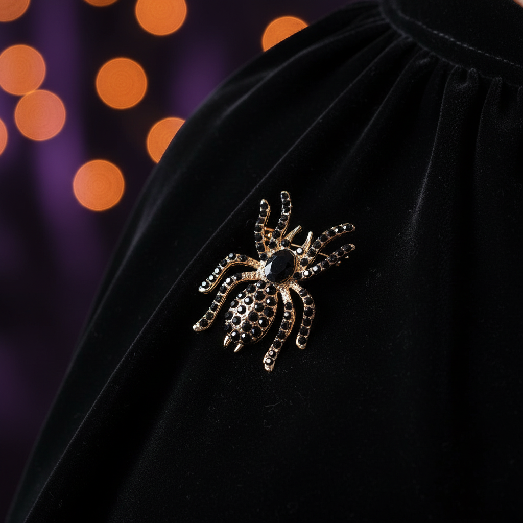 Sparkly Rhinestone Spider Brooch Pin – Halloween Fashion Costume Accessory (5cm) (RHAL-0067)