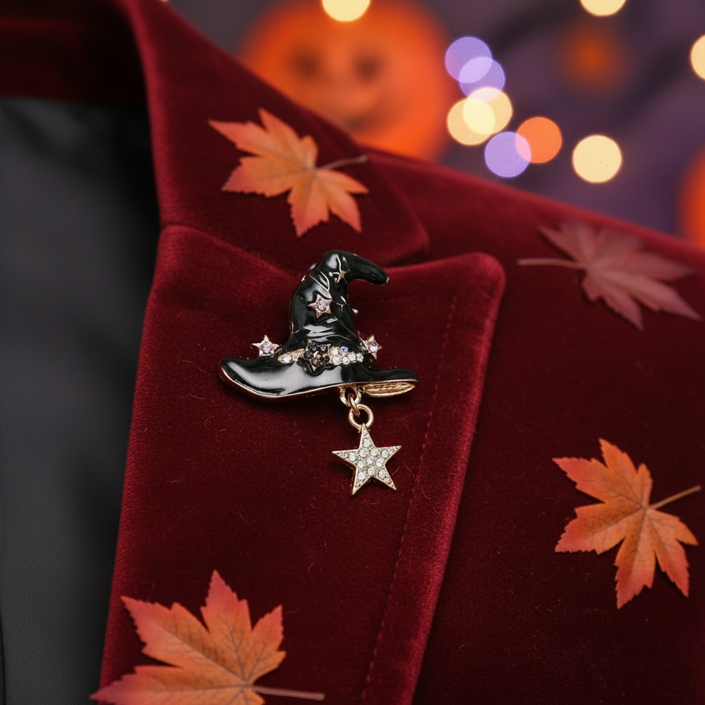 Celestial Witch Hat Brooch Pin – Halloween Rhinestone & Enamel Jewelry with Dangling Star Charm (RHAL-0068)
