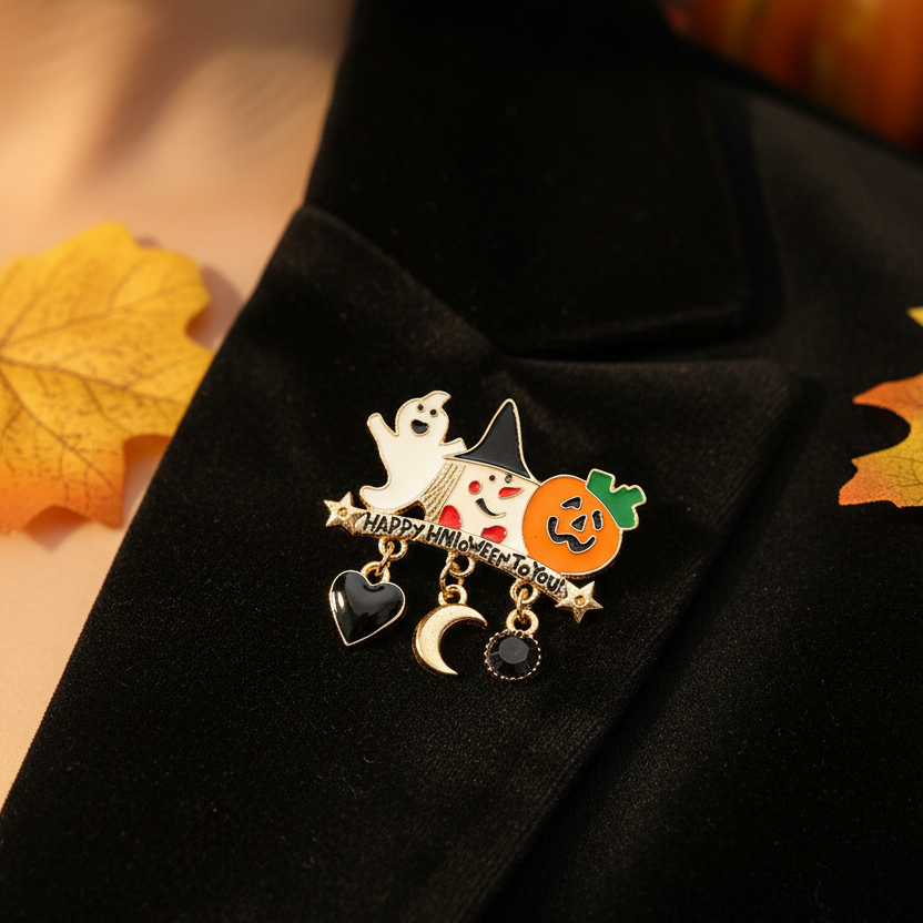 Cute Halloween Enamel Brooch Pin – Ghost, Pumpkin & Witch Hat Lapel Pin with Dangling Charms (4cm) (RHAL-0071)
