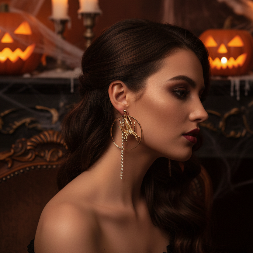 Spooky Halloween Spider Hoop Earrings with Rhinestone Dangle Chain | Gold & Silver Gothic Statement Jewelry (RHAL-0072)