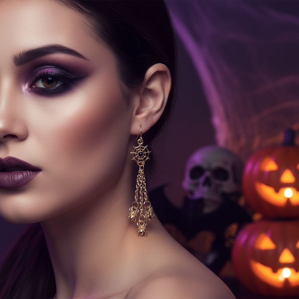 Gothic Spider Web Tassel Dangle Earrings – Halloween Statement Drop Jewelry (RHAL-0074)