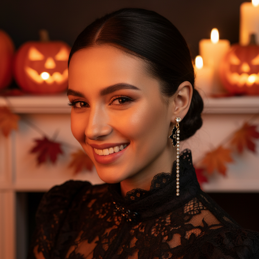 Asymmetrical Halloween Black Cat & Bat Rhinestone Dangle Earrings (RHAL-0075)