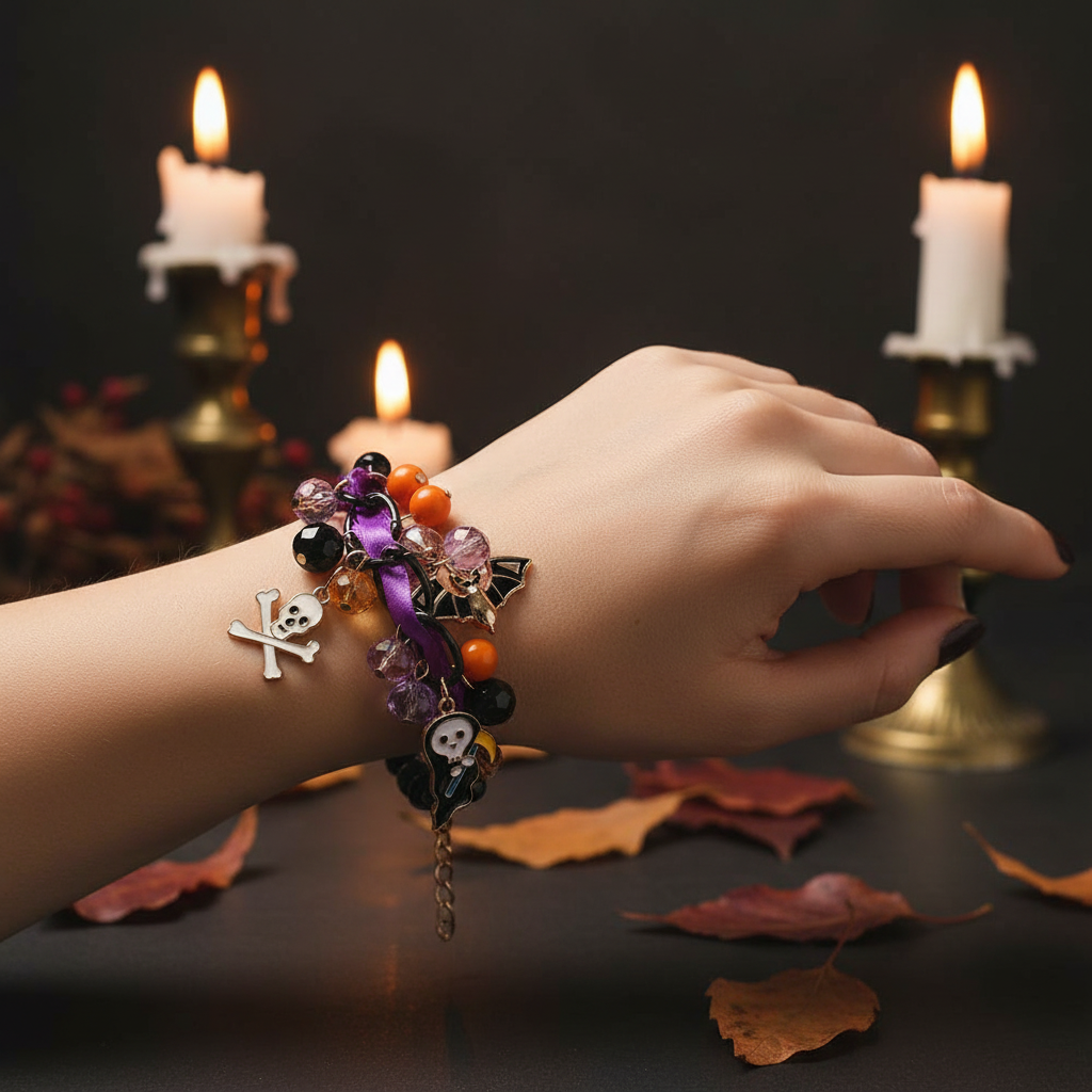 Spooky Halloween Beaded Charm Bracelet – Skull, Bat & Grim Reaper Ribbon Jewelry (RHAL-0076)