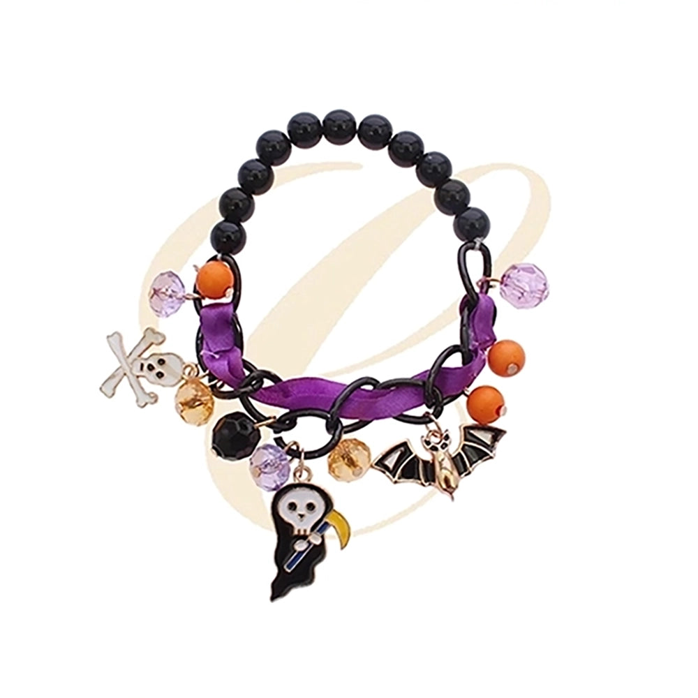 Spooky Halloween Beaded Charm Bracelet – Skull, Bat & Grim Reaper Ribbon Jewelry (RHAL-0076)