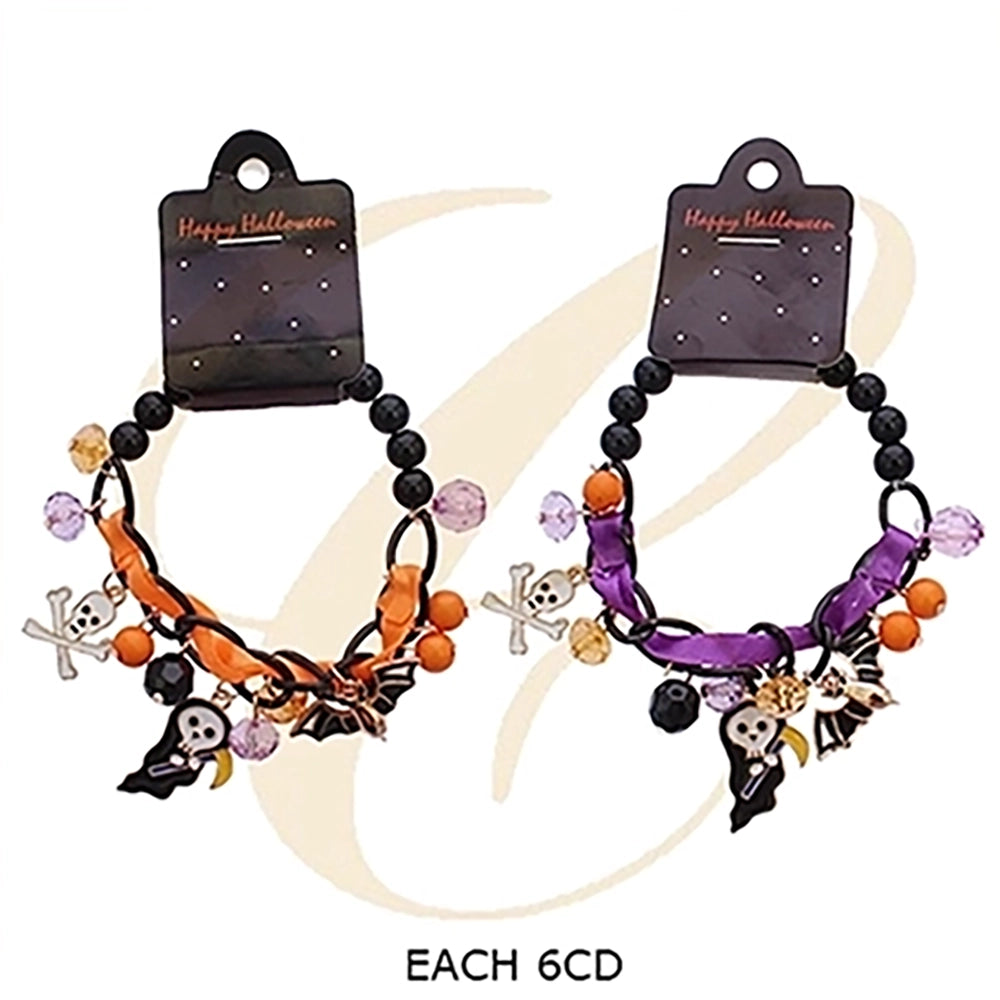 Spooky Halloween Beaded Charm Bracelet – Skull, Bat & Grim Reaper Ribbon Jewelry (RHAL-0076)
