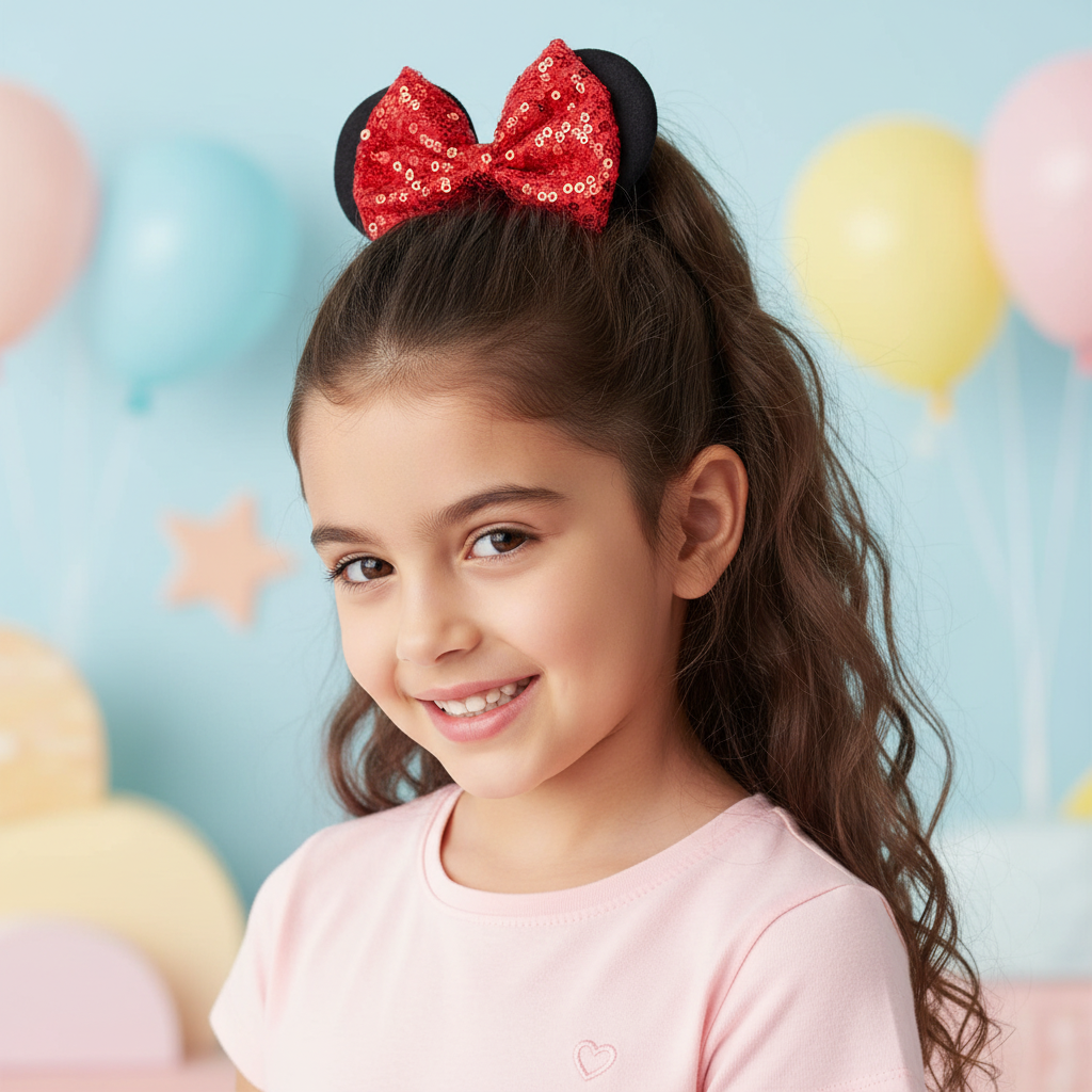 Sequined Mouse Ears Hair Scrunchie | Velvet Elastic Hair Tie with Glitter Bow | Cute Cartoon Headband Alternative for Theme Parks, Festivals, and Daily Styling (RHS-0143R)