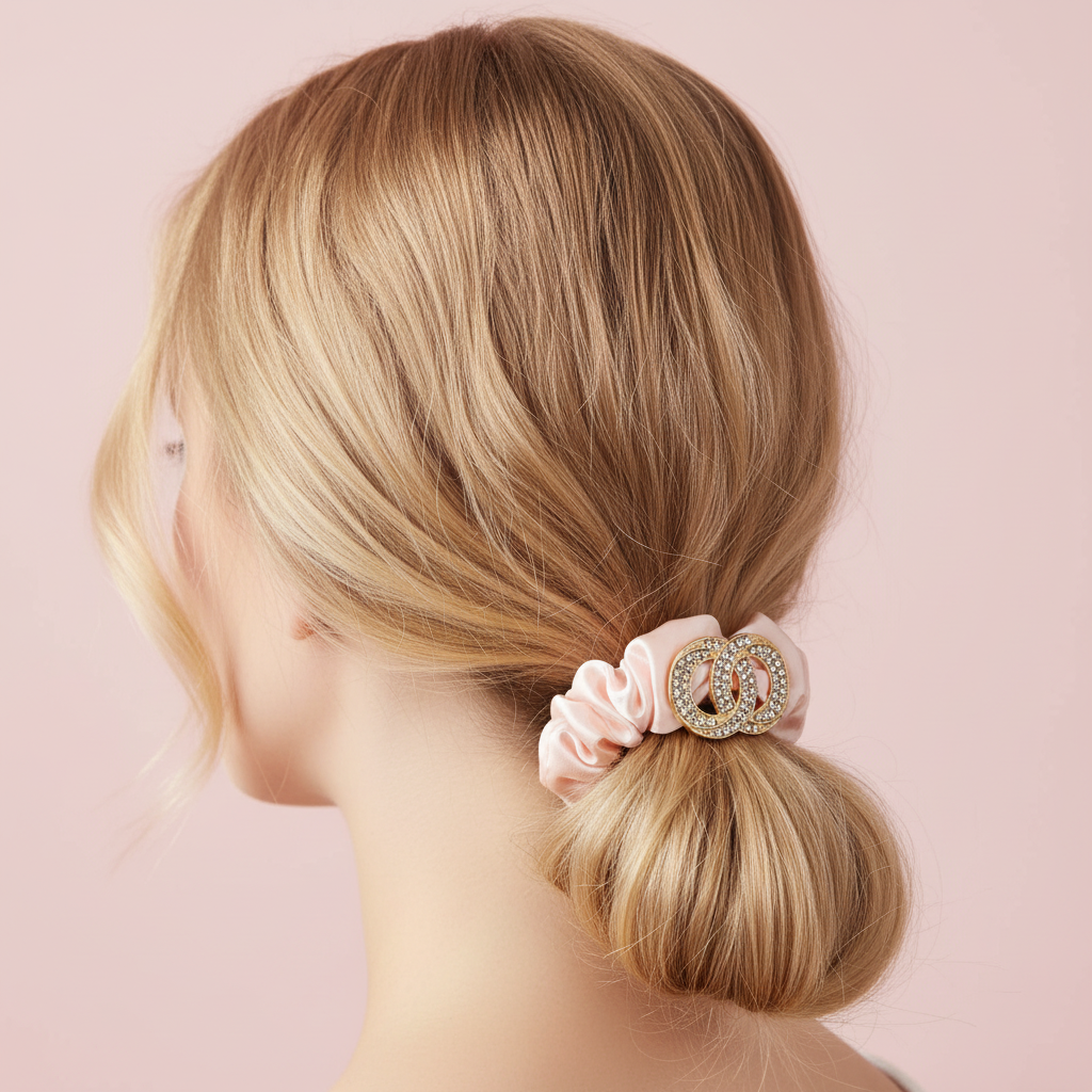 Luxe Satin Rhinestone Double-Circle Scrunchie - Elegant Hair Accessory (RHS-0182R)