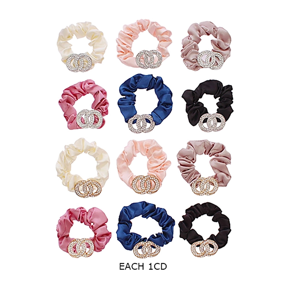 Luxe Satin Rhinestone Double-Circle Scrunchie - Elegant Hair Accessory (RHS-0182R)