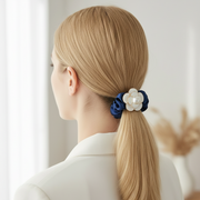 Elegant Camellia Flower & Faux Pearl Satin Scrunchie – Chic Hair Accessory (RHS-0205R)