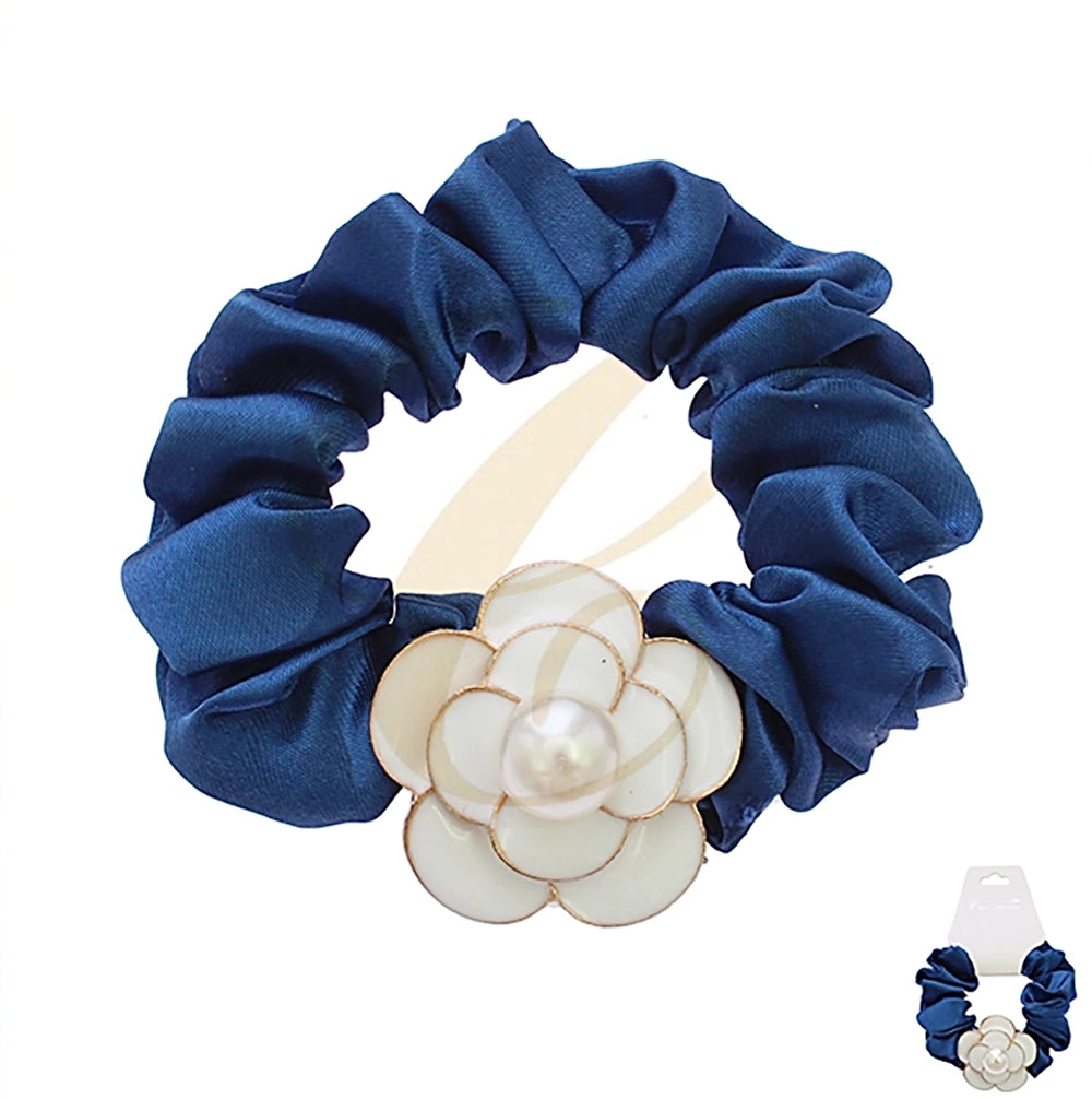 Elegant Camellia Flower & Faux Pearl Satin Scrunchie – Chic Hair Accessory (RHS-0205R)