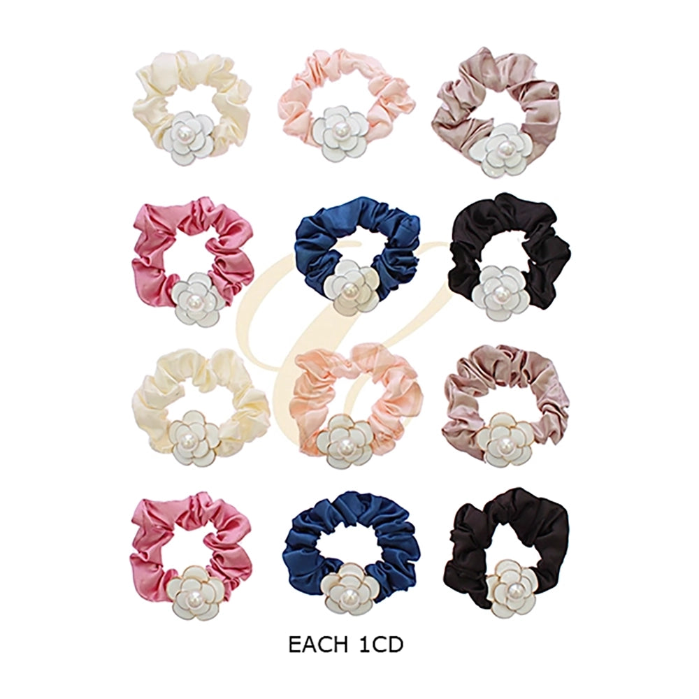 Elegant Camellia Flower & Faux Pearl Satin Scrunchie – Chic Hair Accessory (RHS-0205R)