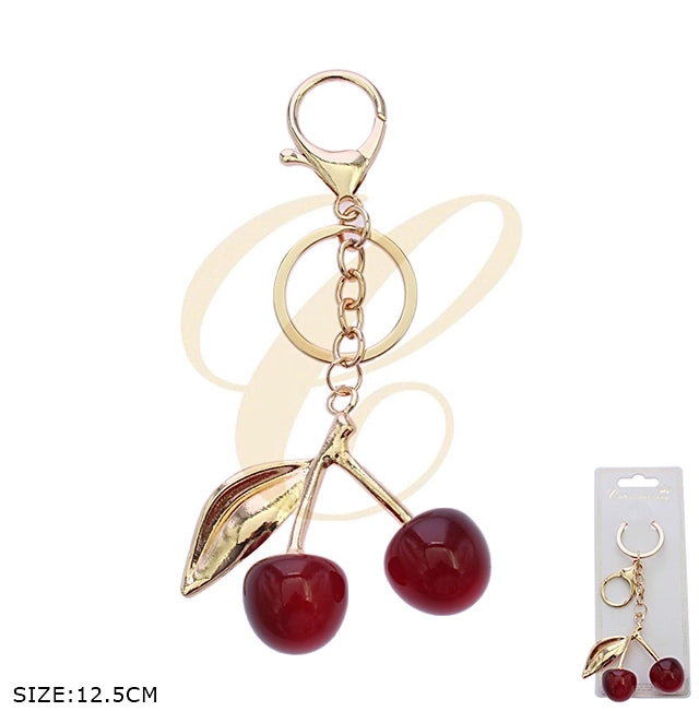 Cute Cherry Keychain - Stylish Red Fruit Bag Charm - Gold & Silver Tone Hardware (RKC-0449GS)