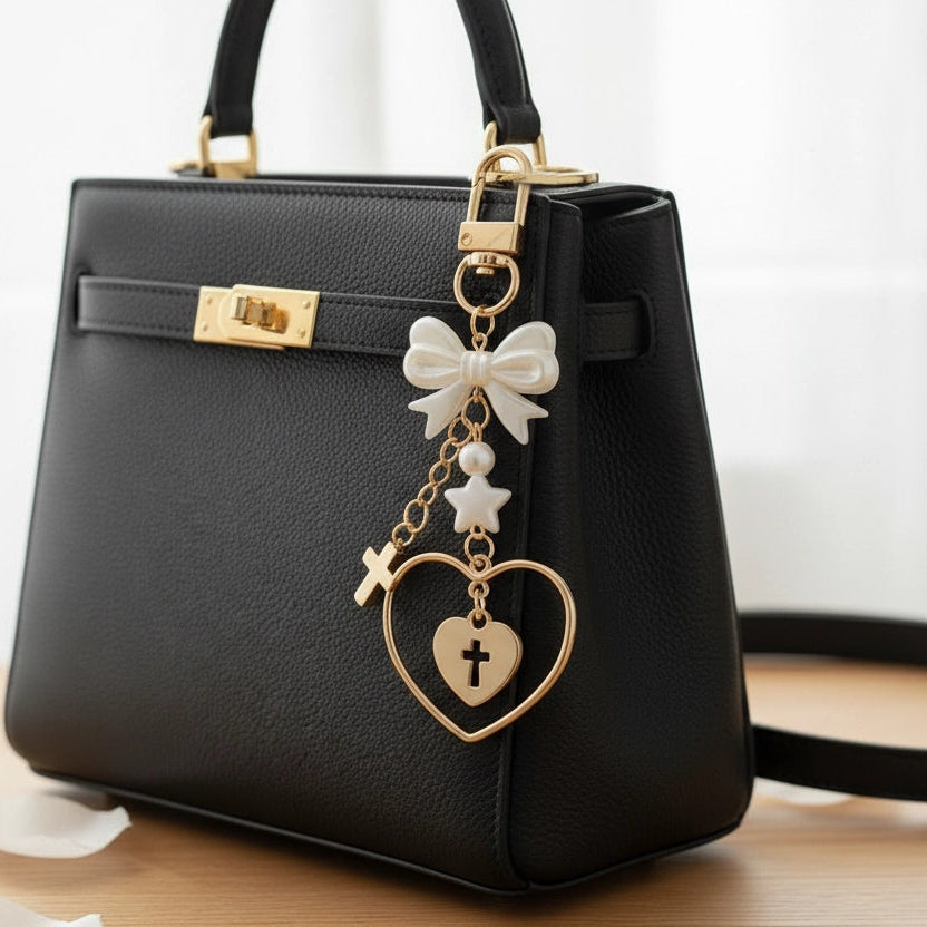 Elegant Heart & Cross Bow Keychain – Coquette Aesthetic Accessory RKC-0461GS
