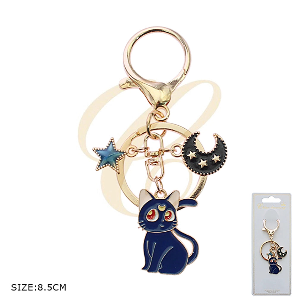 Celestial Black Cat Moon and Star Pendant Necklace – Gold Tone Enamel Jewelry (RKC-0523GS)