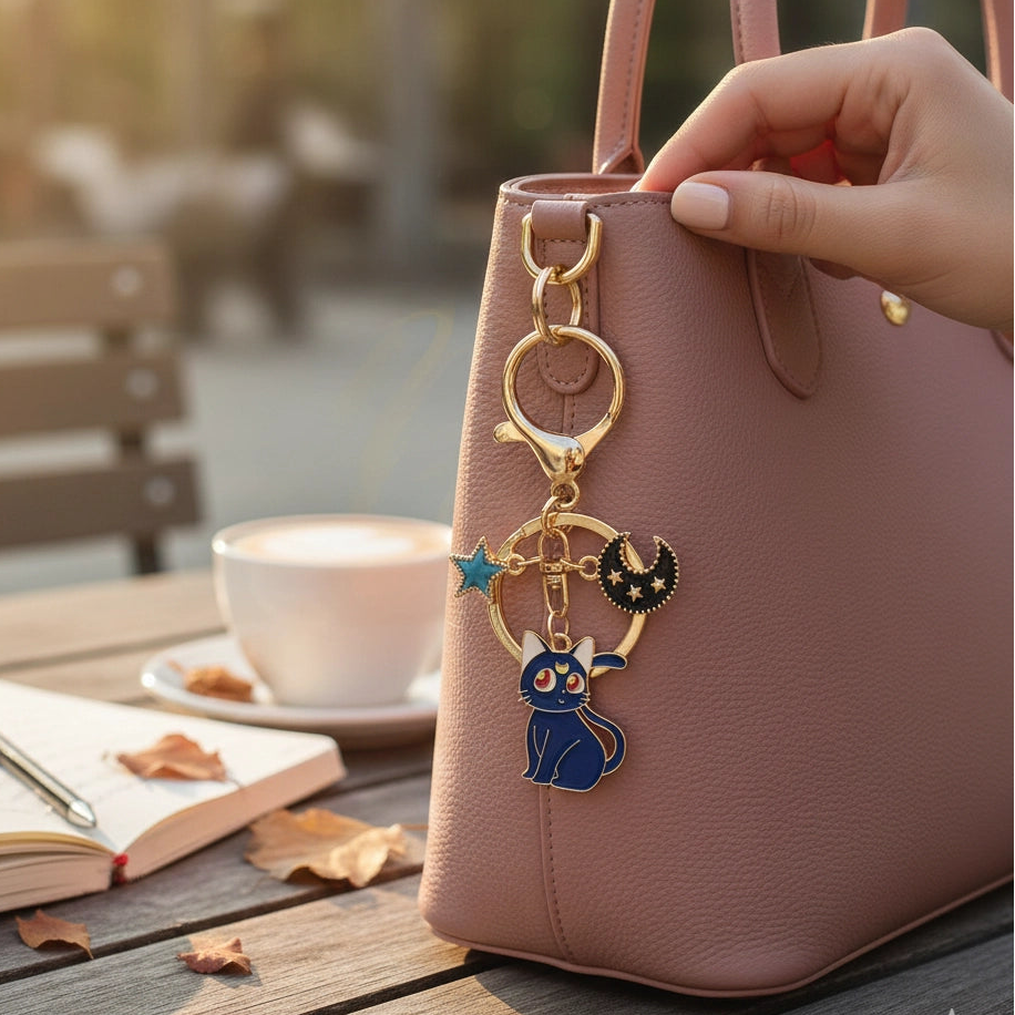 Celestial Black Cat Moon and Star Pendant Necklace – Gold Tone Enamel Jewelry (RKC-0523GS)