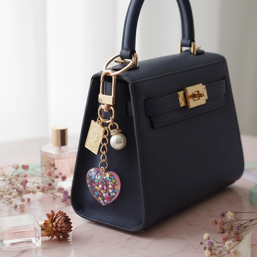 Glitter Resin Heart Keychain with Gold Coin Tag & Faux Pearl | Cute Aesthetic Bag Charm & Keyring (RKC-0524R3)