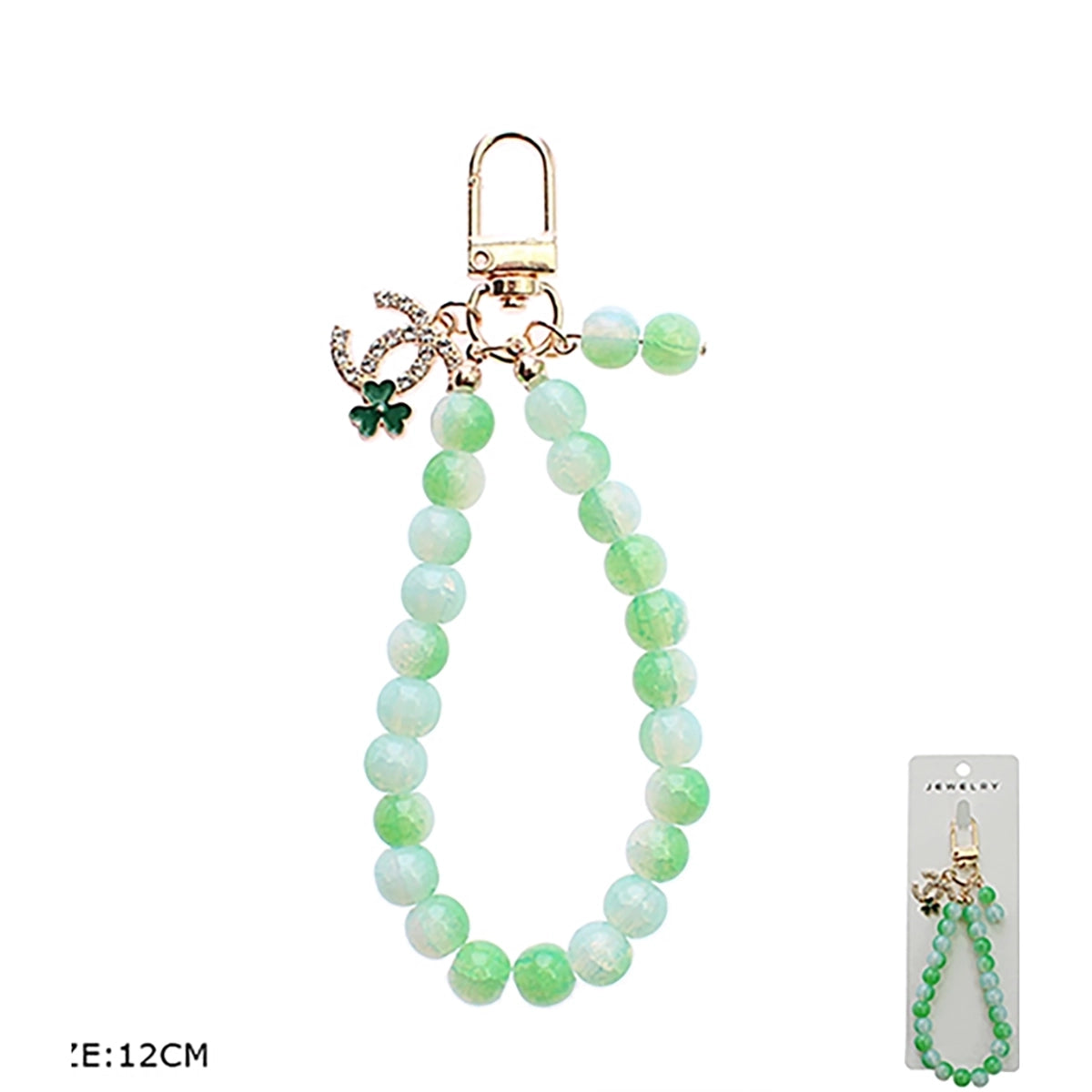 Faceted Agate Bead Wristlet Keychain & Bag Charm – Sparkling Crystal Clover Charm Strap with Clasp  (RKC-0563R6)