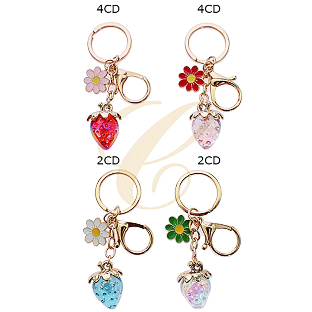 Strawberry & Daisy Enamel Keychain – Cute Fruit Bag Charm, Gold-Tone Floral Accessories (RKC-0568R)