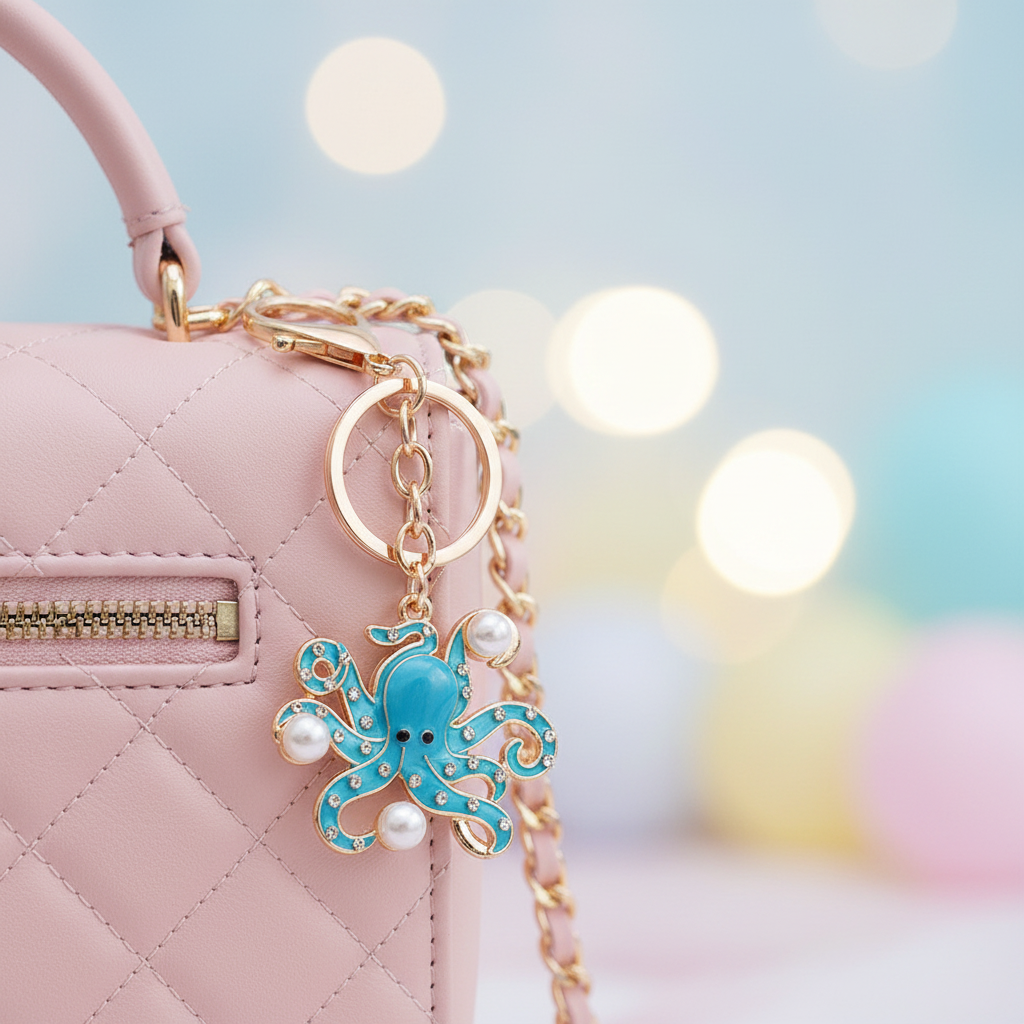 Rhinestone Octopus Keychain with Faux Pearls – Cute Nautical Bag Charm & Key Ring (RKC-0589R)