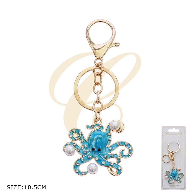 Rhinestone Octopus Keychain with Faux Pearls – Cute Nautical Bag Charm & Key Ring (RKC-0589R)