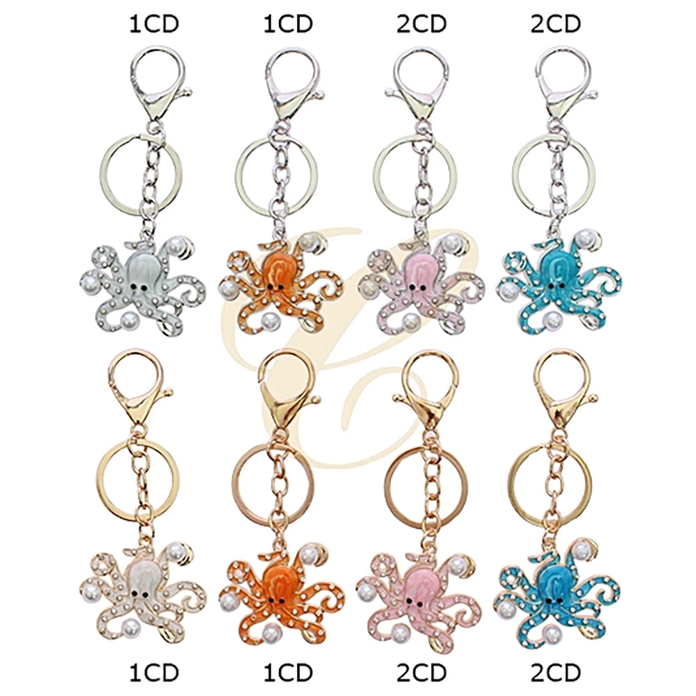 Rhinestone Octopus Keychain with Faux Pearls – Cute Nautical Bag Charm & Key Ring (RKC-0589R)