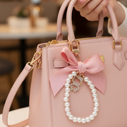 Elegant Ribbon Bow Pearl Bead Keychain Strap | Rhinestone Cat Pendant Bag Charm, Wristlet Lanyard & Car Key Accessories (RKC-0600R)