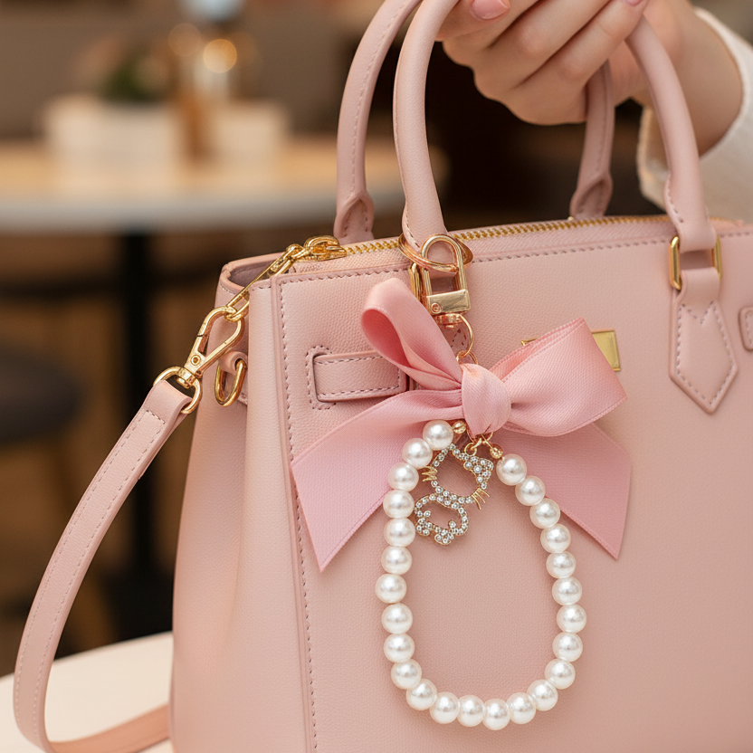 Elegant Ribbon Bow Pearl Bead Keychain Strap | Rhinestone Cat Pendant Bag Charm, Wristlet Lanyard & Car Key Accessories (RKC-0600R)
