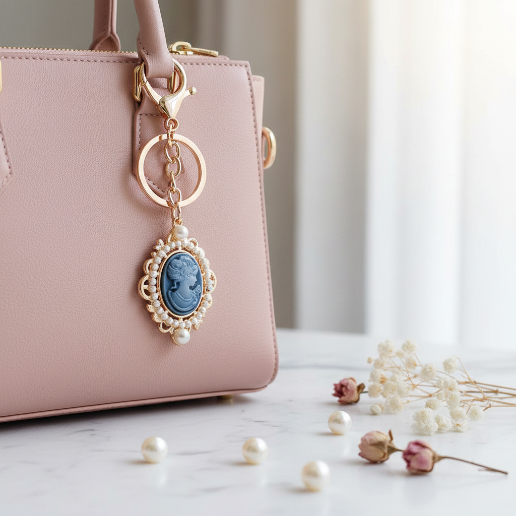 Vintage Cameo Portrait Keychain with Faux Pearl Frame – Victorian Style Bag Charm & Key Ring (12cm) (RKC-0654R6)