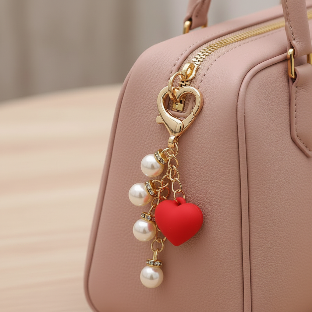 Elegant Faux Pearl Heart Keychain & Bag Charm | Gold Heart Clip Keyring with Rhinestone Spacers | Cute Purse Pendant Gift for Women & Girls (RKC-0664R)