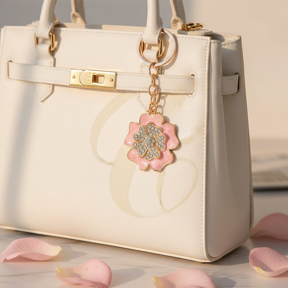 Rhinestone Flower Keychain Bag Charm – Sparkling Enamel Floral Key Ring Accessories for Handbags, Backpacks, and Keys (RKC-0718R)