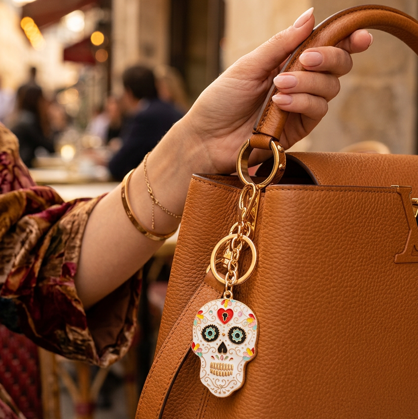Day of the Dead Sugar Skull Enamel Keychain – Floral Calavera Bag Charm & Metal Keyring (RKC-0733R)