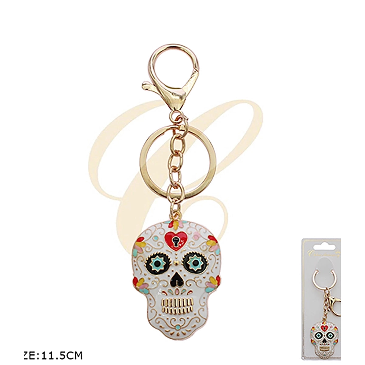 Day of the Dead Sugar Skull Enamel Keychain – Floral Calavera Bag Charm & Metal Keyring (RKC-0733R)