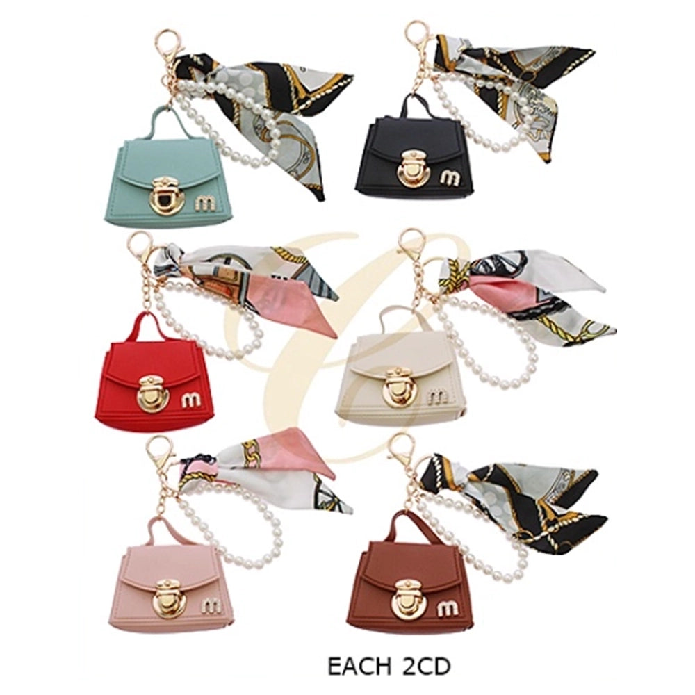 Mini Handbag Keychain with Pearl Bead Strap & Silk Scarf Accent – Cute Purse Bag Charm (14cm) (RKC-0747R)