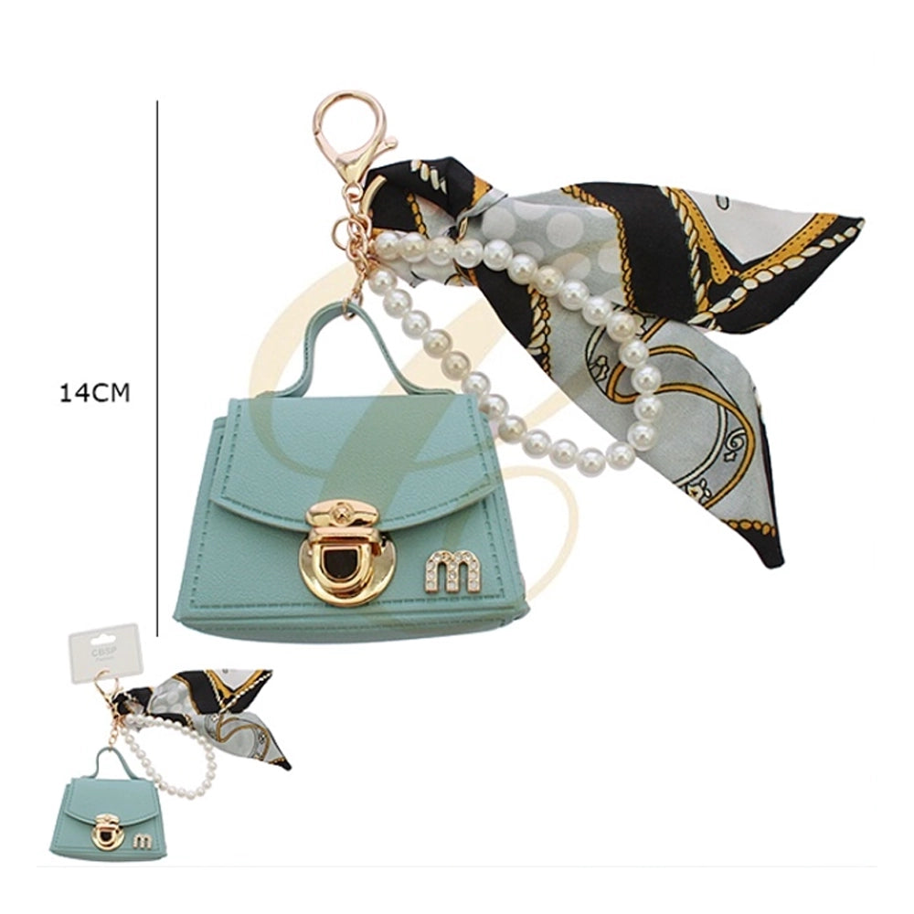 Mini Handbag Keychain with Pearl Bead Strap & Silk Scarf Accent – Cute Purse Bag Charm (14cm) (RKC-0747R)