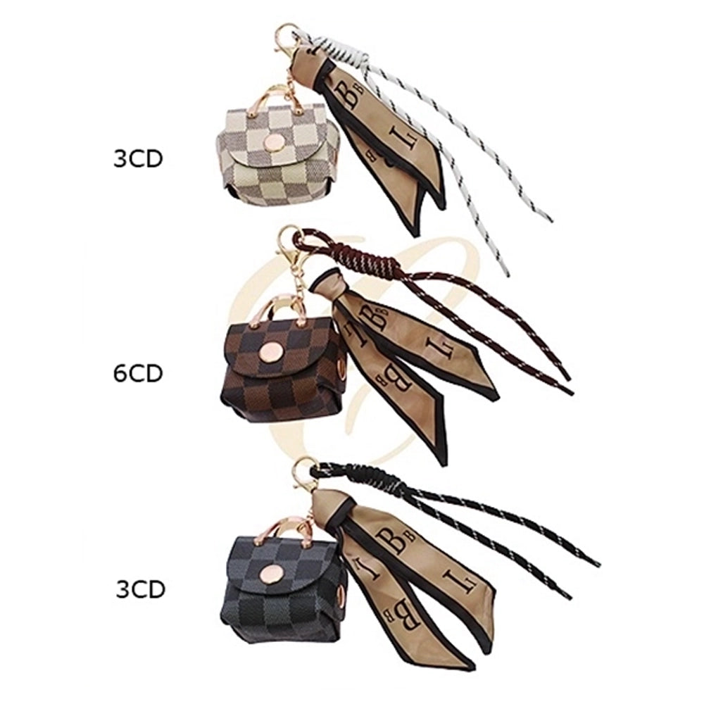 Mini Handbag Keychain Charm with Ribbon & Cord Accent – Luxury Checkerboard Bag Pendant Keyring (15cm) (RKC-0786R)