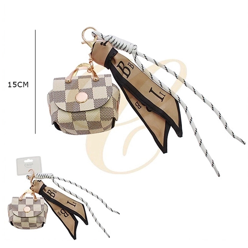 Mini Handbag Keychain Charm with Ribbon & Cord Accent – Luxury Checkerboard Bag Pendant Keyring (15cm) (RKC-0786R)