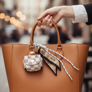 Mini Handbag Keychain Charm with Ribbon & Cord Accent – Luxury Checkerboard Bag Pendant Keyring (15cm) (RKC-0786R)