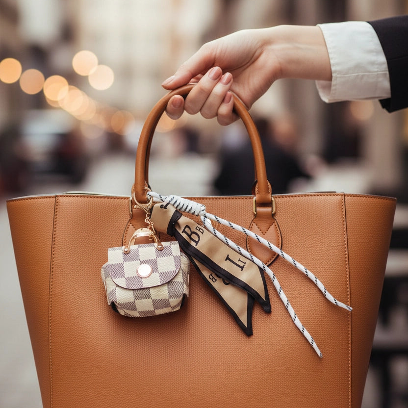 Mini Handbag Keychain Charm with Ribbon & Cord Accent – Luxury Checkerboard Bag Pendant Keyring (15cm) (RKC-0786R)