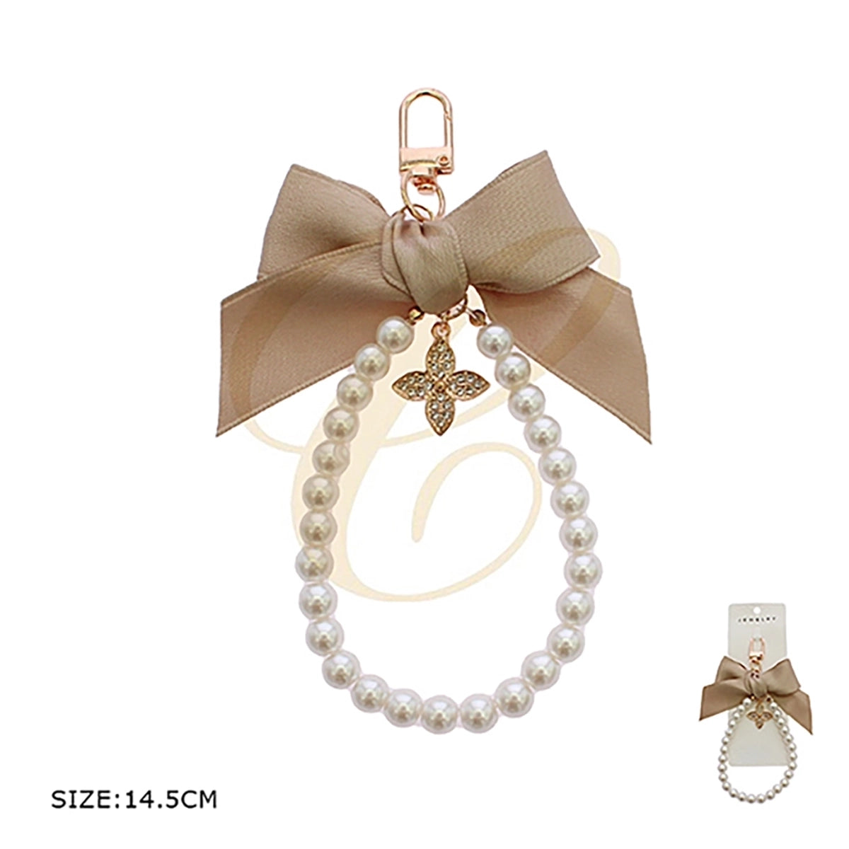 Faux Pearl Beaded Wristlet Keychain & Bag Charm – Elegant Fabric Ribbon Bow & Crystal Clover Pendant with Gold Clasp (RKC-0802R)