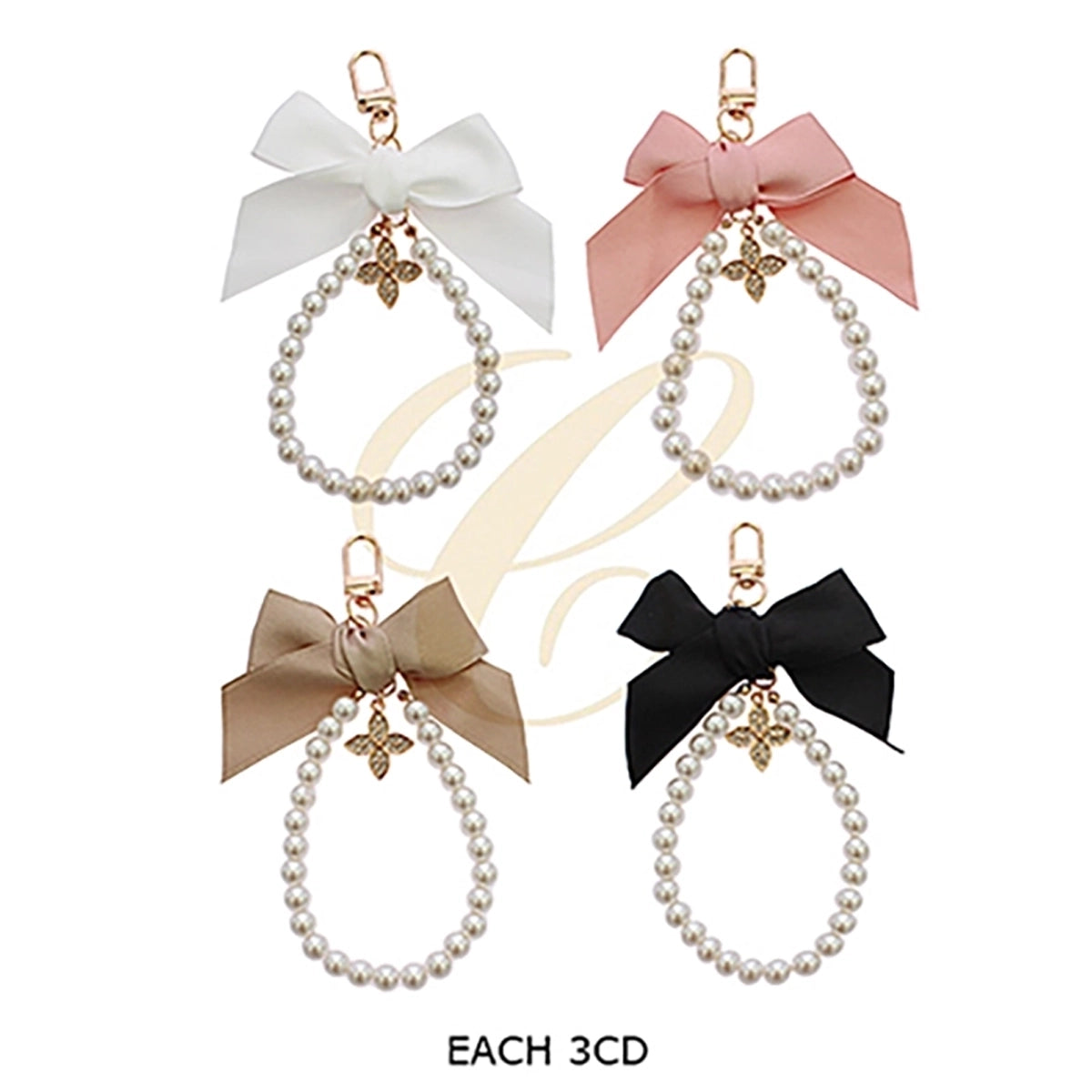 Faux Pearl Beaded Wristlet Keychain & Bag Charm – Elegant Fabric Ribbon Bow & Crystal Clover Pendant with Gold Clasp (RKC-0802R)