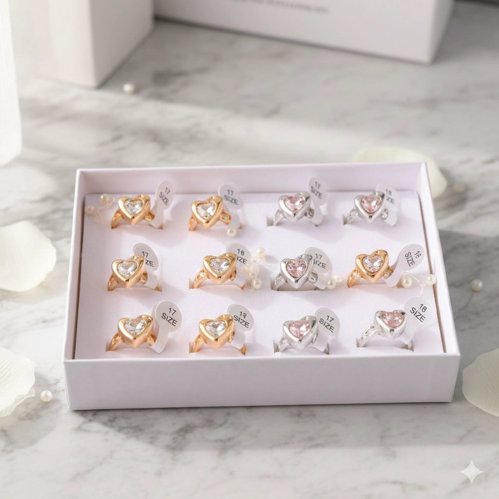 Chain Heart Crystal Ring | Gold & Silver Tone Chain Band | Clear Cubic Zirconia Statement Ring