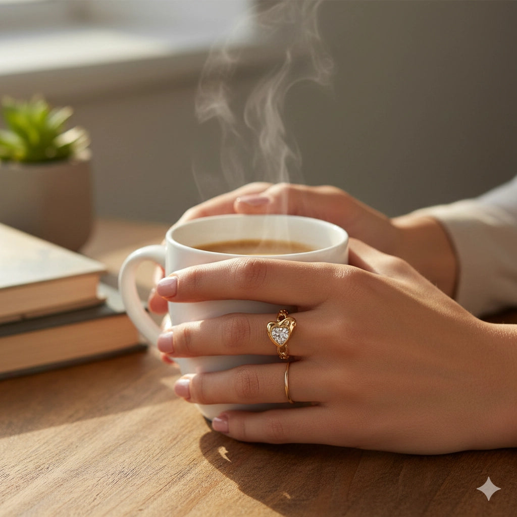 Chain Heart Crystal Ring | Gold & Silver Tone Chain Band | Clear Cubic Zirconia Statement Ring